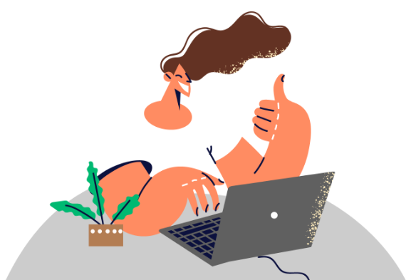 Ilustración de profesora feliz trabajando en su computadora en UEPD Ilustración de profesora feliz trabajando en su computadora en UEPD